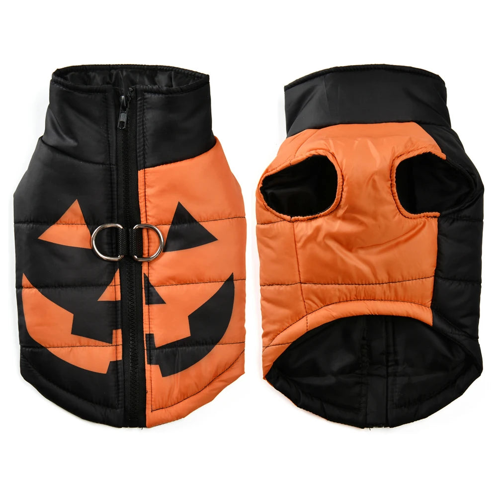 Halloween-themed dog vest with pumpkin design on a white background
