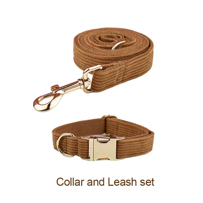 Caramel corduroy dog collar and leash set with metal hardware.