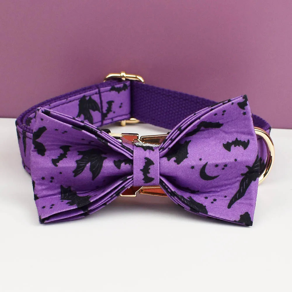 Vampire Nights Personalised Dog Collar & Harness Set – Halloween 4-Piece Pet Accessory with Engraved ID Tag, Lead & Bow Tie (XS–XL)