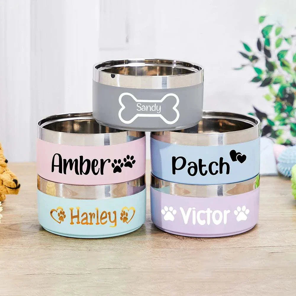 stack of custom dog bowls