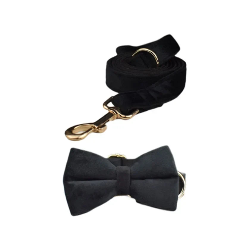 "Wedding Tails" Velvet Fabric black dog leash and bowtie set with gold-tone hardware.
