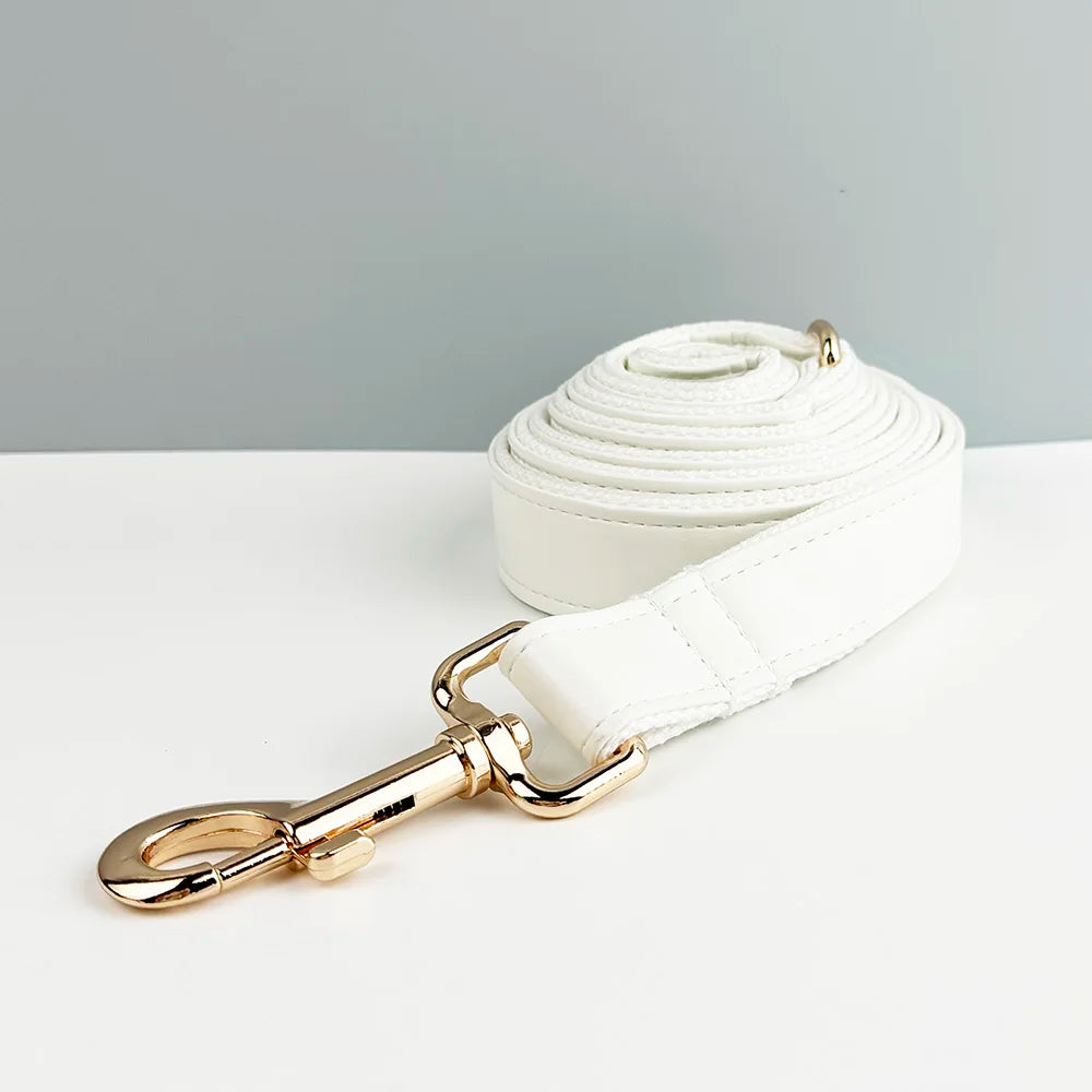 Handmade leather luxury pet accessory, white, with engravable features.