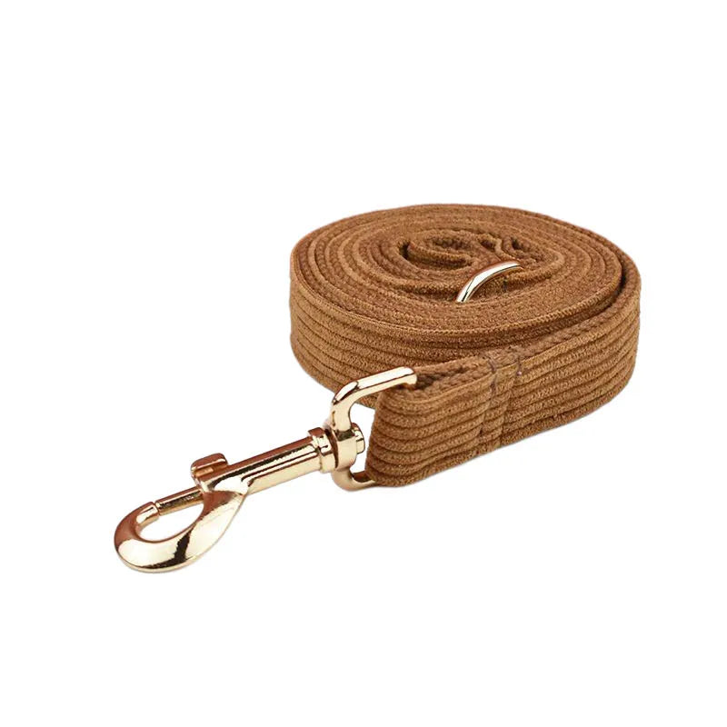 Caramel corduroy dog collar with gold hardware, part of luxury pet accessories collection.