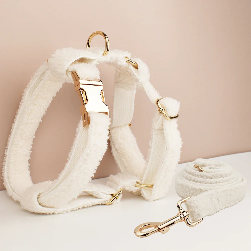 "Wedding Tails" Teddy Fabric Dog Harness Set in white with gold-tone hardware, featuring a soft fleece design for weddings.