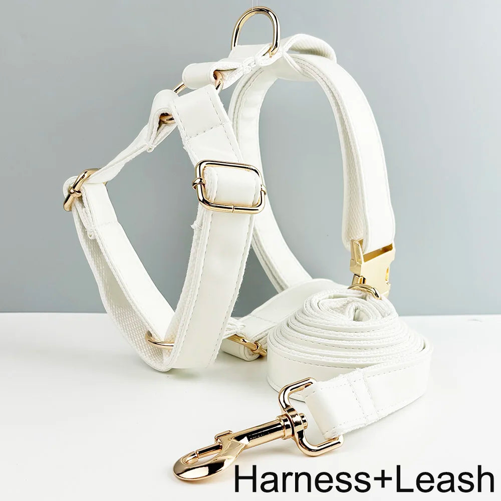 Handmade white leather pet harness and leash set with customizable engraving.