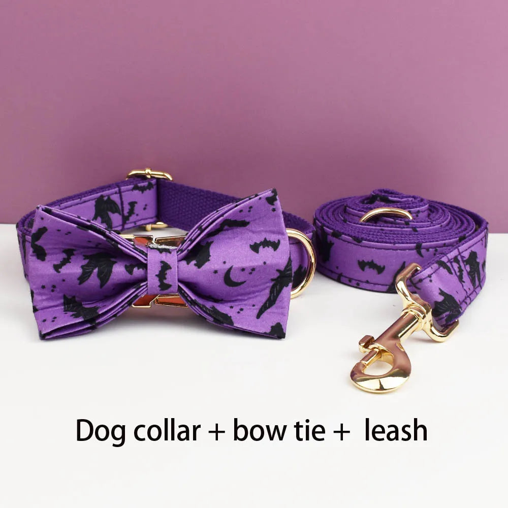 Vampire Nights Personalised Dog Collar & Harness Set – Halloween 4-Piece Pet Accessory with Engraved ID Tag, Lead & Bow Tie (XS–XL)