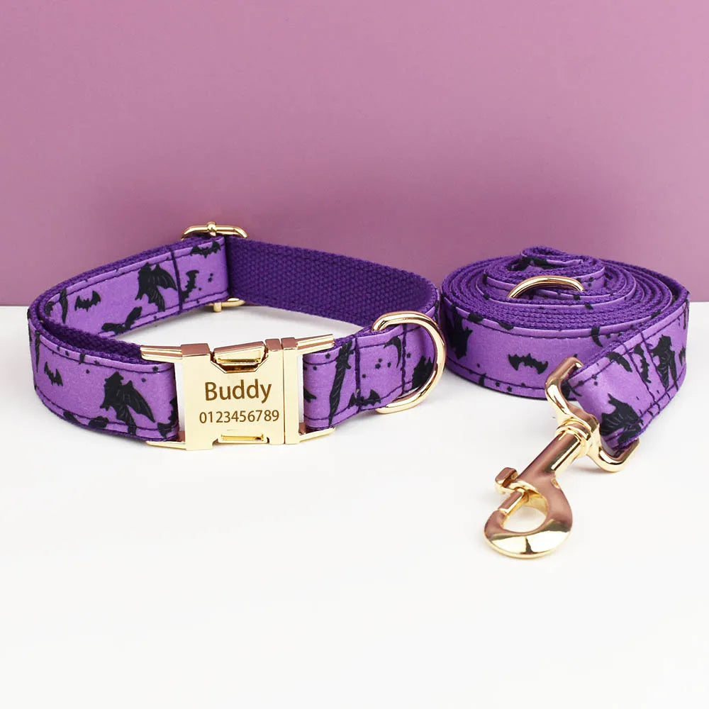 Vampire Nights Personalised Dog Collar & Harness Set – Halloween 4-Piece Pet Accessory with Engraved ID Tag, Lead & Bow Tie (XS–XL)