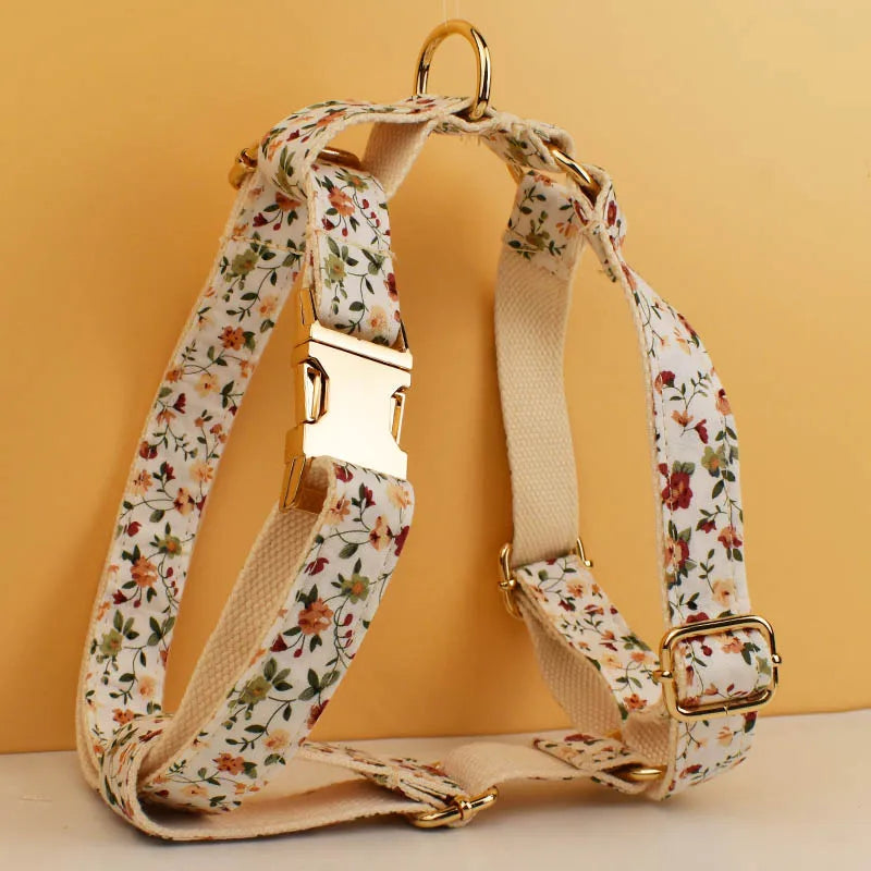 Luxury dog harness with floral design and engravable option.