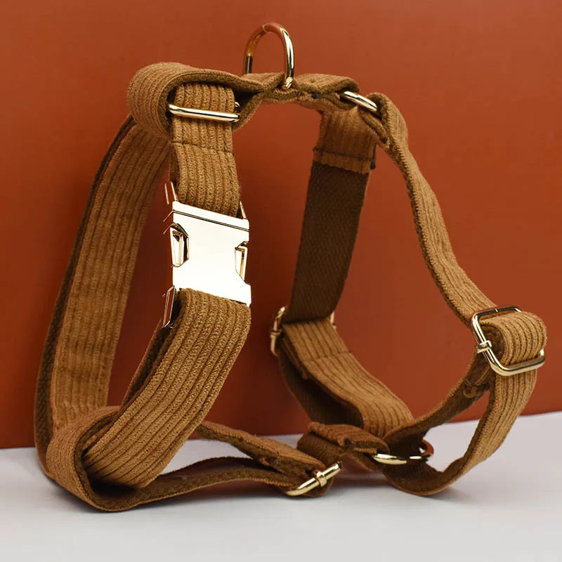 Luxury caramel corduroy dog harness with gold metal hardware, engravable, stylish and comfortable pet accessory.