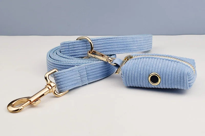 Personalised Blue Corduroy Dog Set – Choose Collar, Harness, Lead or Full Bundle