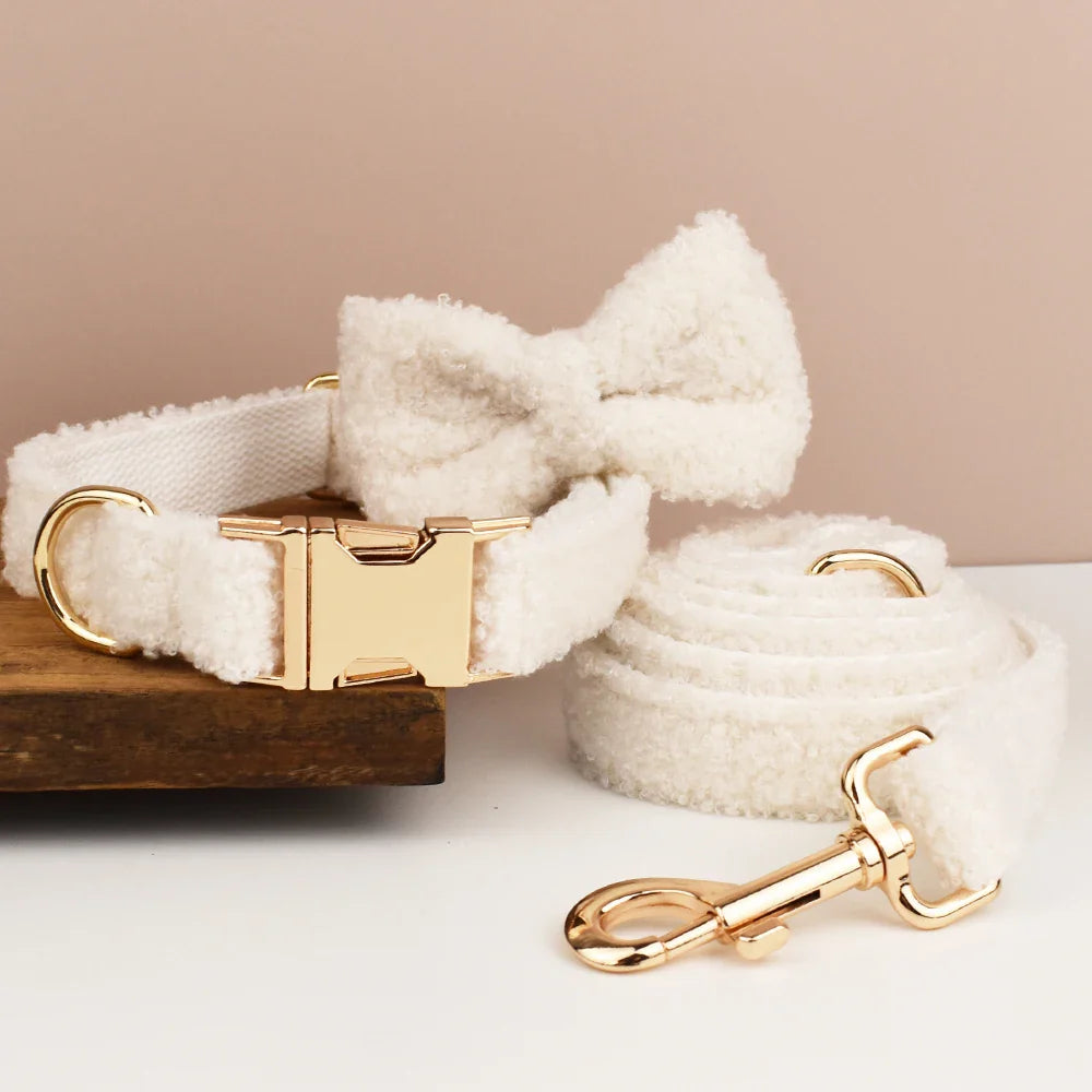 Wedding Tails Teddy Fabric dog harness set in white with bowtie and gold-tone hardware.
