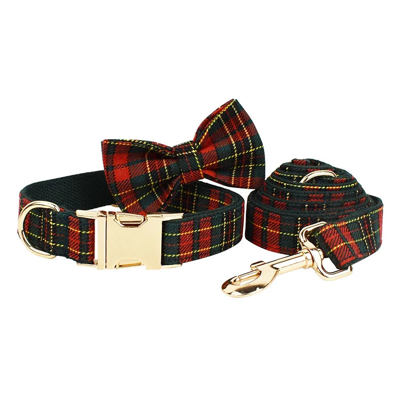 Luxury dog collar and leash set with red tartan pattern and bow tie.