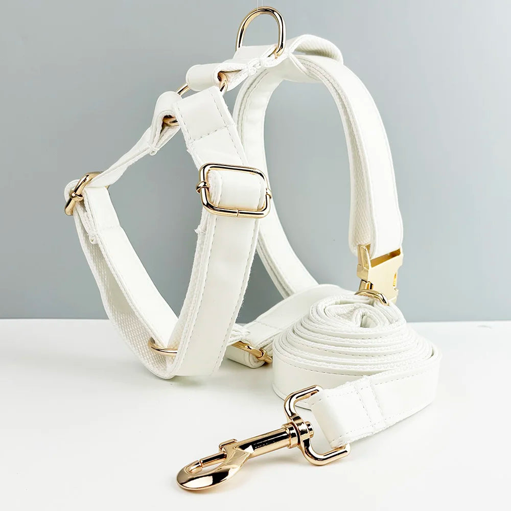 Handmade engravable white leather pet collar and leash set with gold hardware, luxury accessory for dogs.
