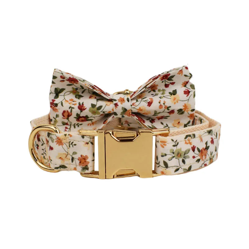 Handmade soft cotton dog harness with floral design and detachable bow tie.