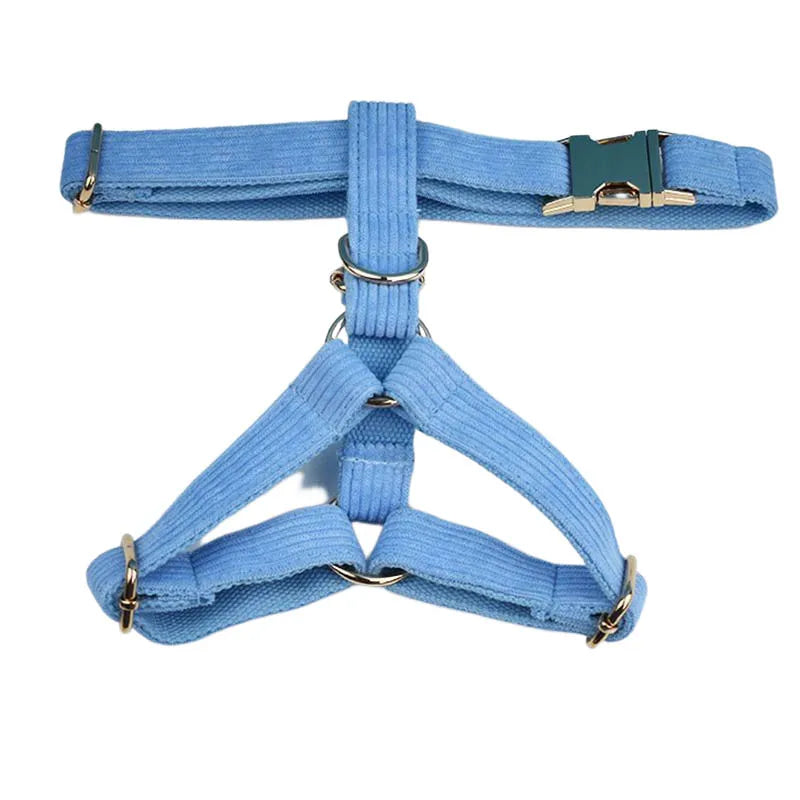 Personalised Blue Corduroy Dog Set – Choose Collar, Harness, Lead or Full Bundle