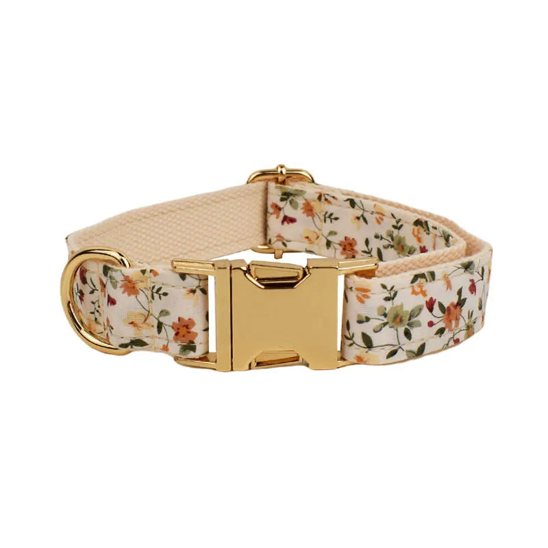Engravable floral dog harness with quick release buckle, padded lining, and springtime bloom design.