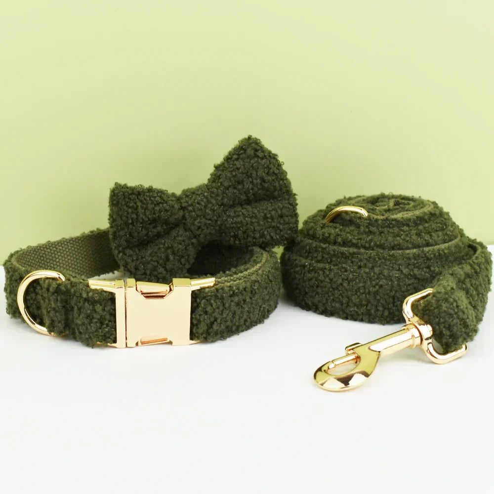 Teddy fleece personalised dog collar set with optional lead and detachable bow tie, green color, featuring customisable design and comfort fit.
