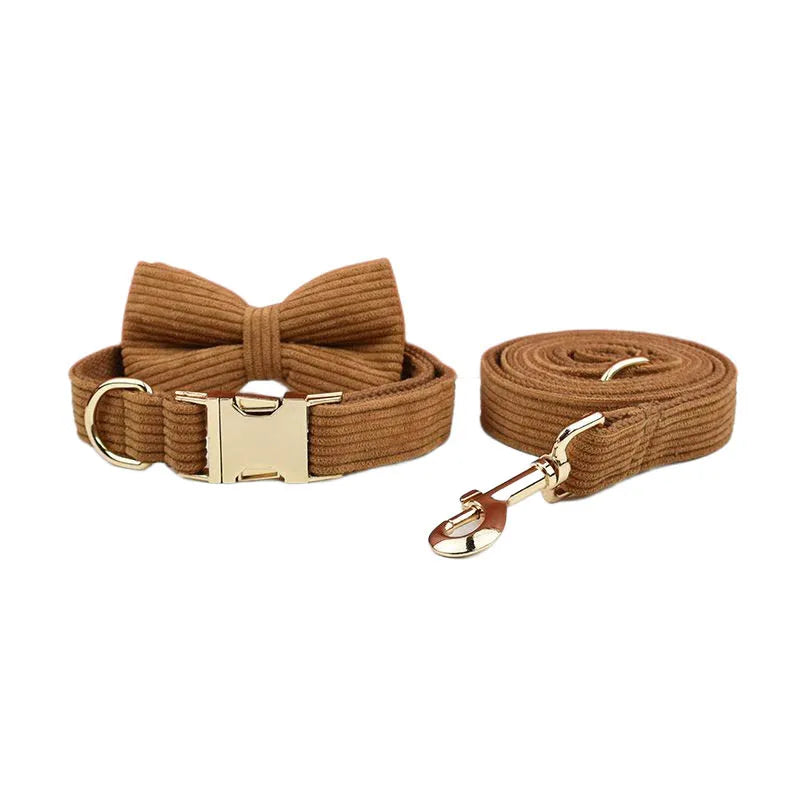 Caramel corduroy dog collar with bowtie and matching lead, luxury pet accessory.
