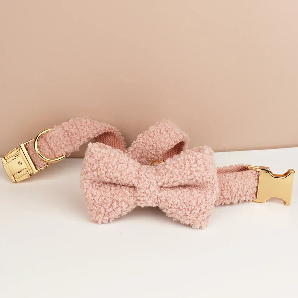 Teddy fleece personalised dog collar with detachable bow tie and optional lead.