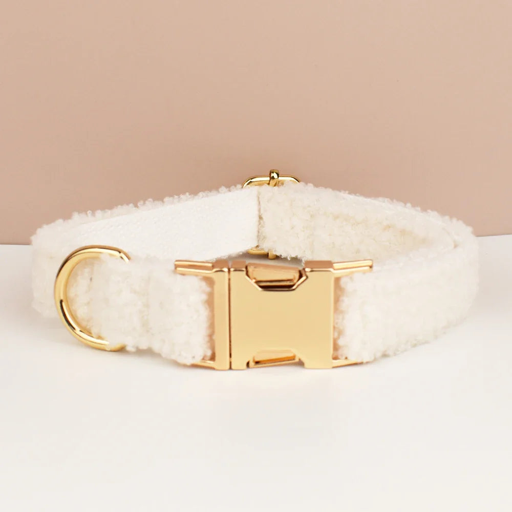 "Wedding Tails" Teddy Fabric dog collar with elegant white fleece and gold-tone hardware.