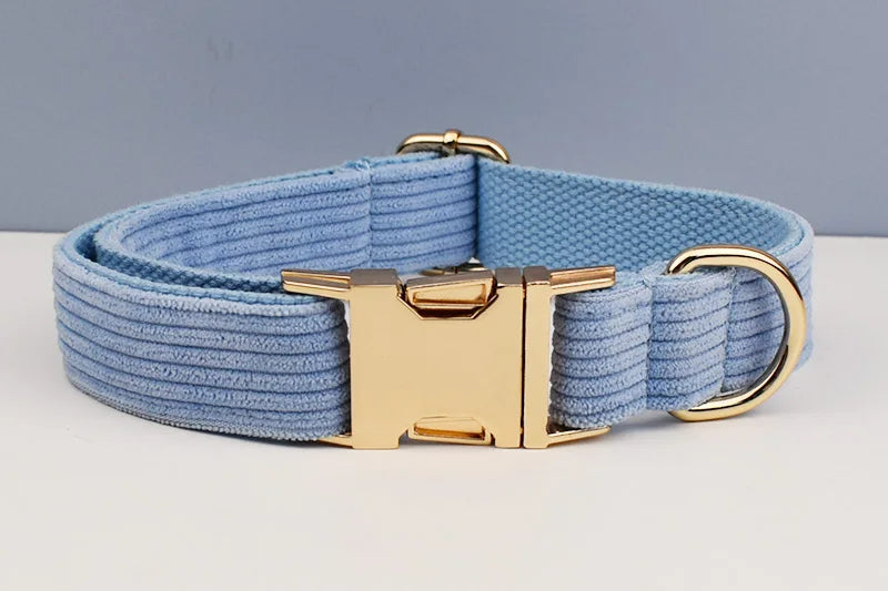 Personalised Blue Corduroy Dog Set – Choose Collar, Harness, Lead or Full Bundle