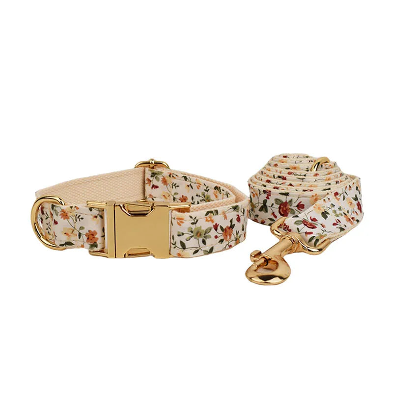 Luxury floral dog harness set with customizable engraving, soft cotton material, spring design.