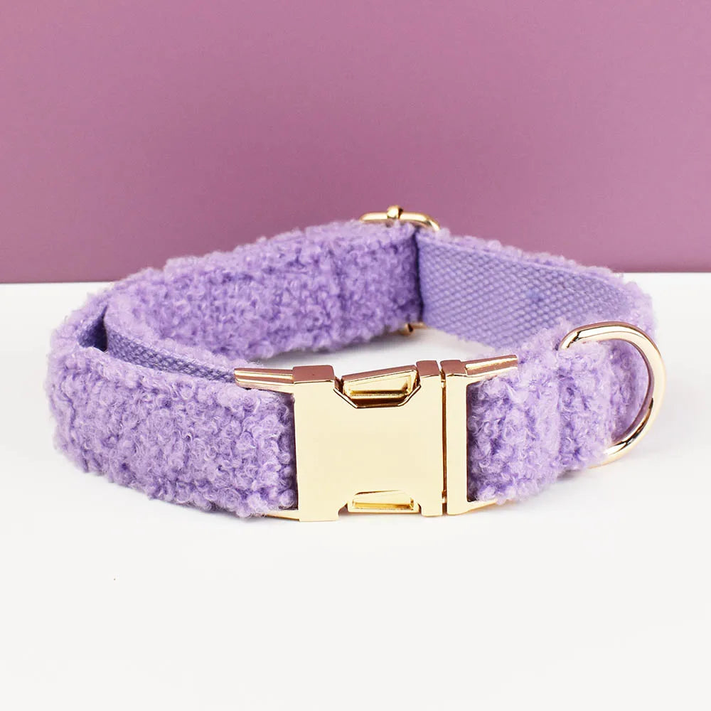 Handmade lilac teddy fabric dog collar with gold buckle, luxury pet accessory.