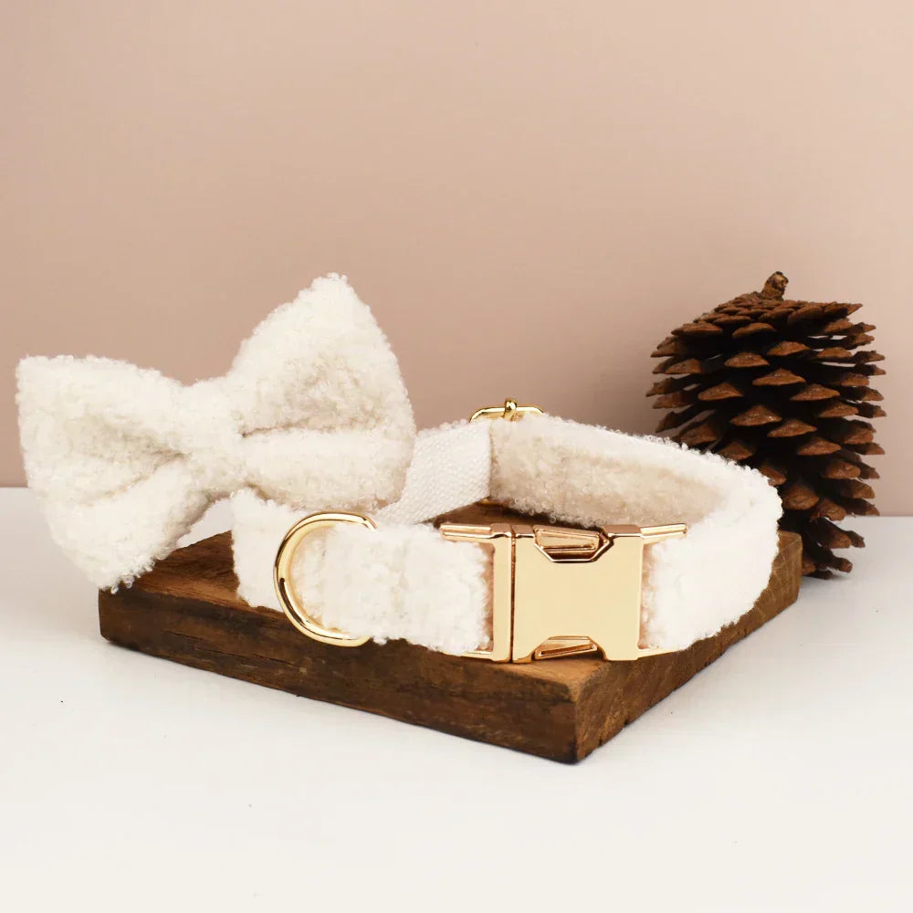 Teddy fleece personalised dog collar with detachable bow tie and quick release buckle.