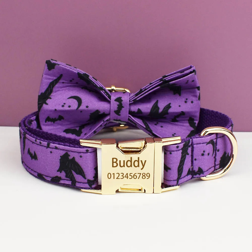 Vampire Nights Personalised Dog Collar & Harness Set – Halloween 4-Piece Pet Accessory with Engraved ID Tag, Lead & Bow Tie (XS–XL)