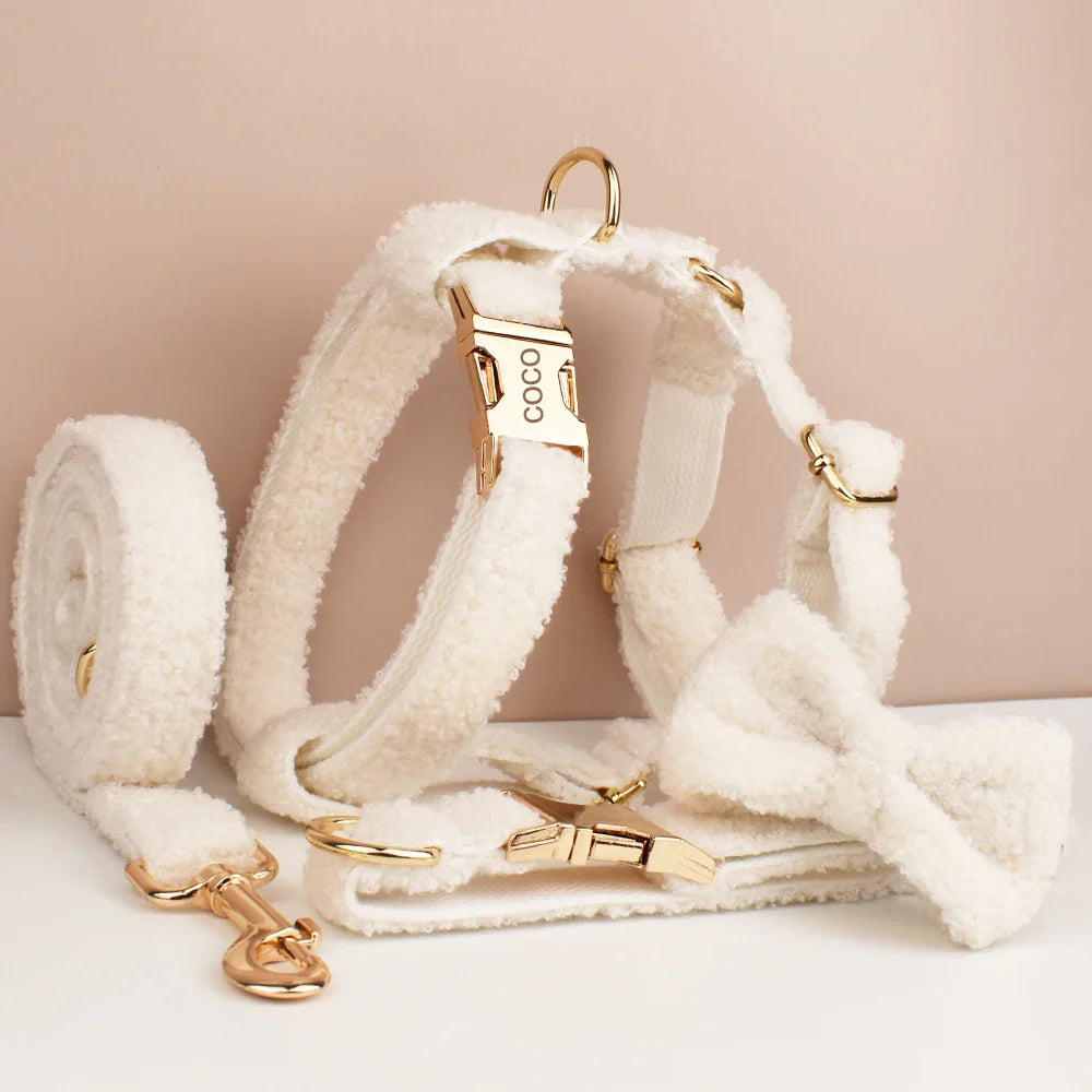 Wedding Tails Teddy Fabric Dog Harness Set, white plush fabric with gold-tone hardware, includes leash and detachable bowtie.