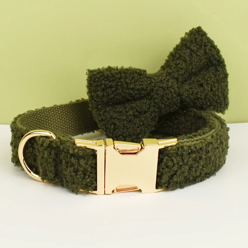 Teddy fleece personalised dog collar set with optional lead and detachable bow tie.