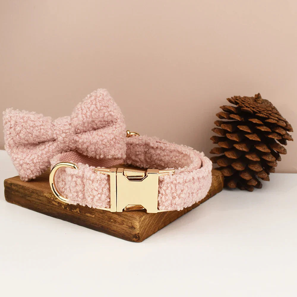 Teddy Fleece Personalised Dog Collar with Bow Tie and Lead Set on Wooden Base.