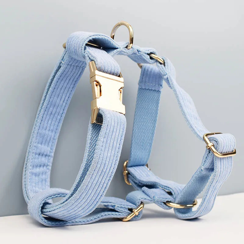 Personalised Blue Corduroy Dog Set – Choose Collar, Harness, Lead or Full Bundle