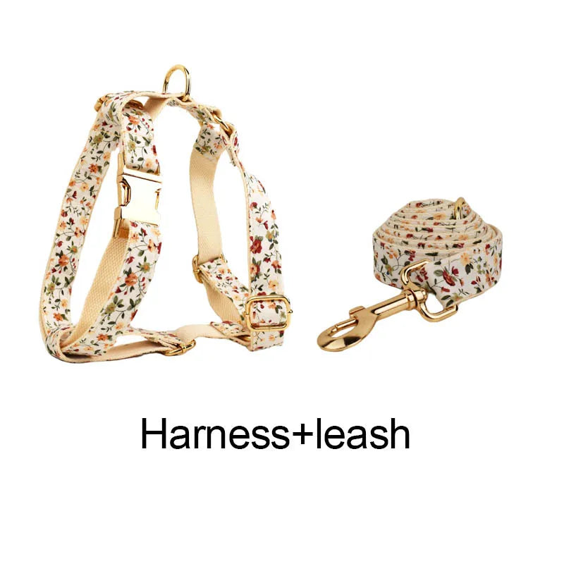 Springtime Bloom dog harness and leash with floral design, featuring an engravable option for personalized pet accessories.