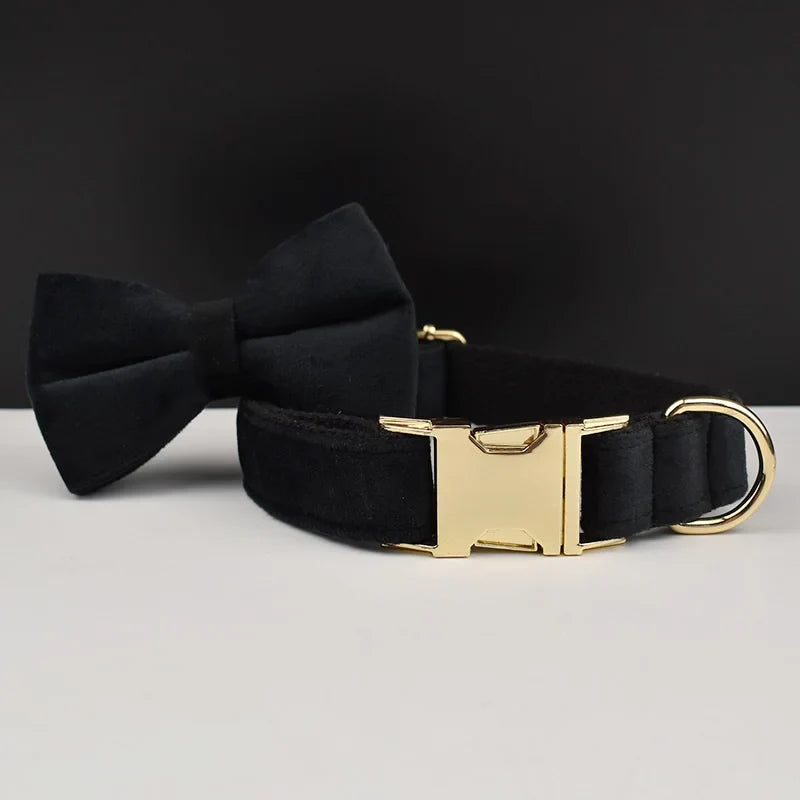 Black velvet dog collar and bowtie set with gold-tone hardware from "Wedding Tails" Velvet Fabric Collection.