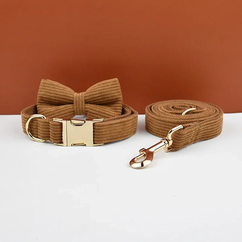 Handmade caramel corduroy dog collar with bowtie and gold hardware.