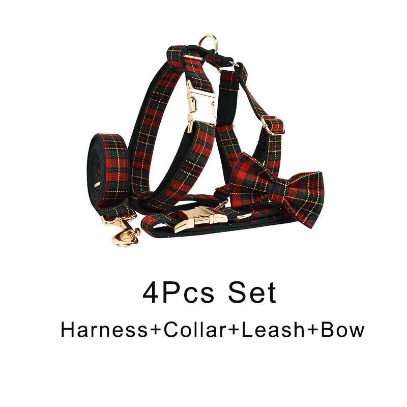 Luxury collar leash dog harness set with American flag design, featuring quick release and personalized options, 100% cotton, suitable for all dog sizes and stages.