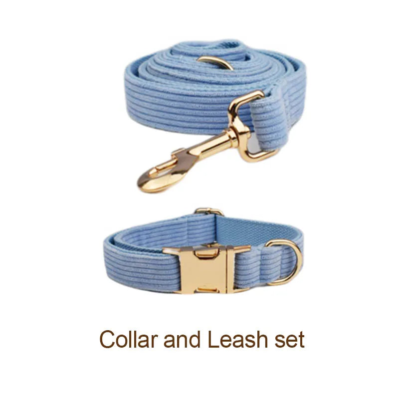 Personalised Blue Corduroy Dog Set – Choose Collar, Harness, Lead or Full Bundle