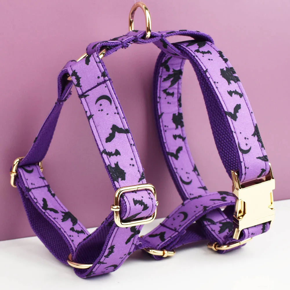 Vampire Nights Personalised Dog Collar & Harness Set – Halloween 4-Piece Pet Accessory with Engraved ID Tag, Lead & Bow Tie (XS–XL)