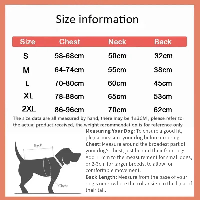Size guide for Snug & Dry Waterproof Dog Coat, showing measurements for chest, neck, and back in sizes S-2XL.