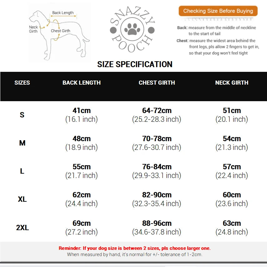 Warm & Waterproof Dog Coat size chart with measurements for back length, chest girth, and neck girth; available sizes S to 2XL.