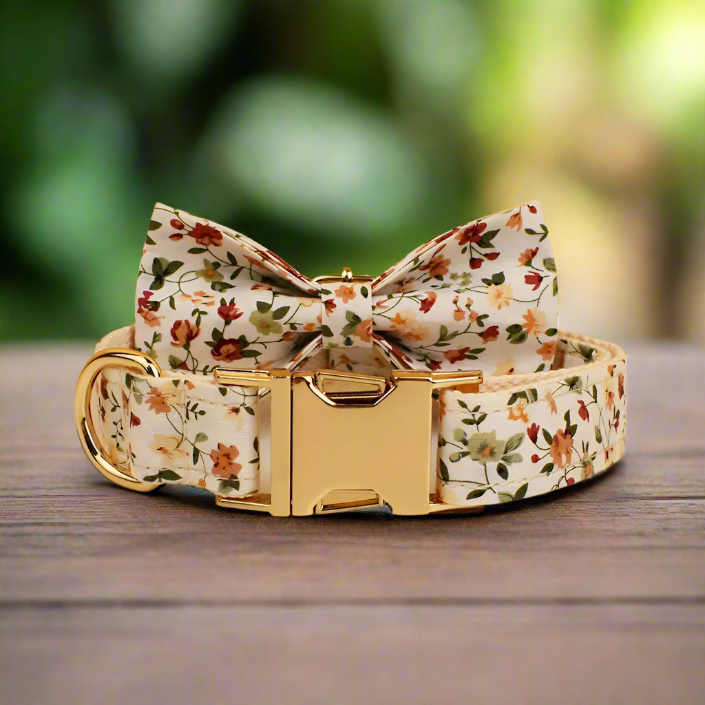 Luxury dog harness with a springtime floral pattern, customizable with name engraving, featuring a detachable bow tie and quick release buckle.