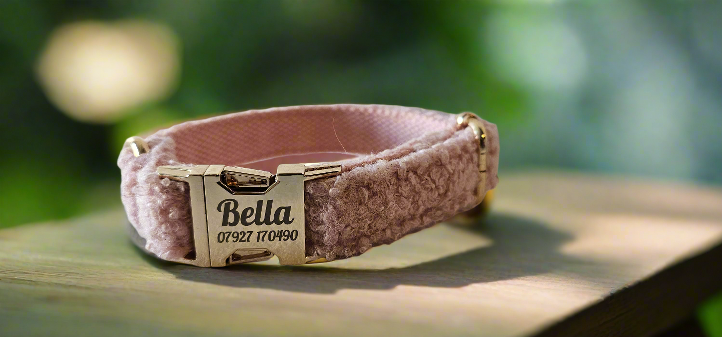 Teddy Fleece Personalised Dog Collar with engraved name, pink color, featuring a durable quick release buckle.
