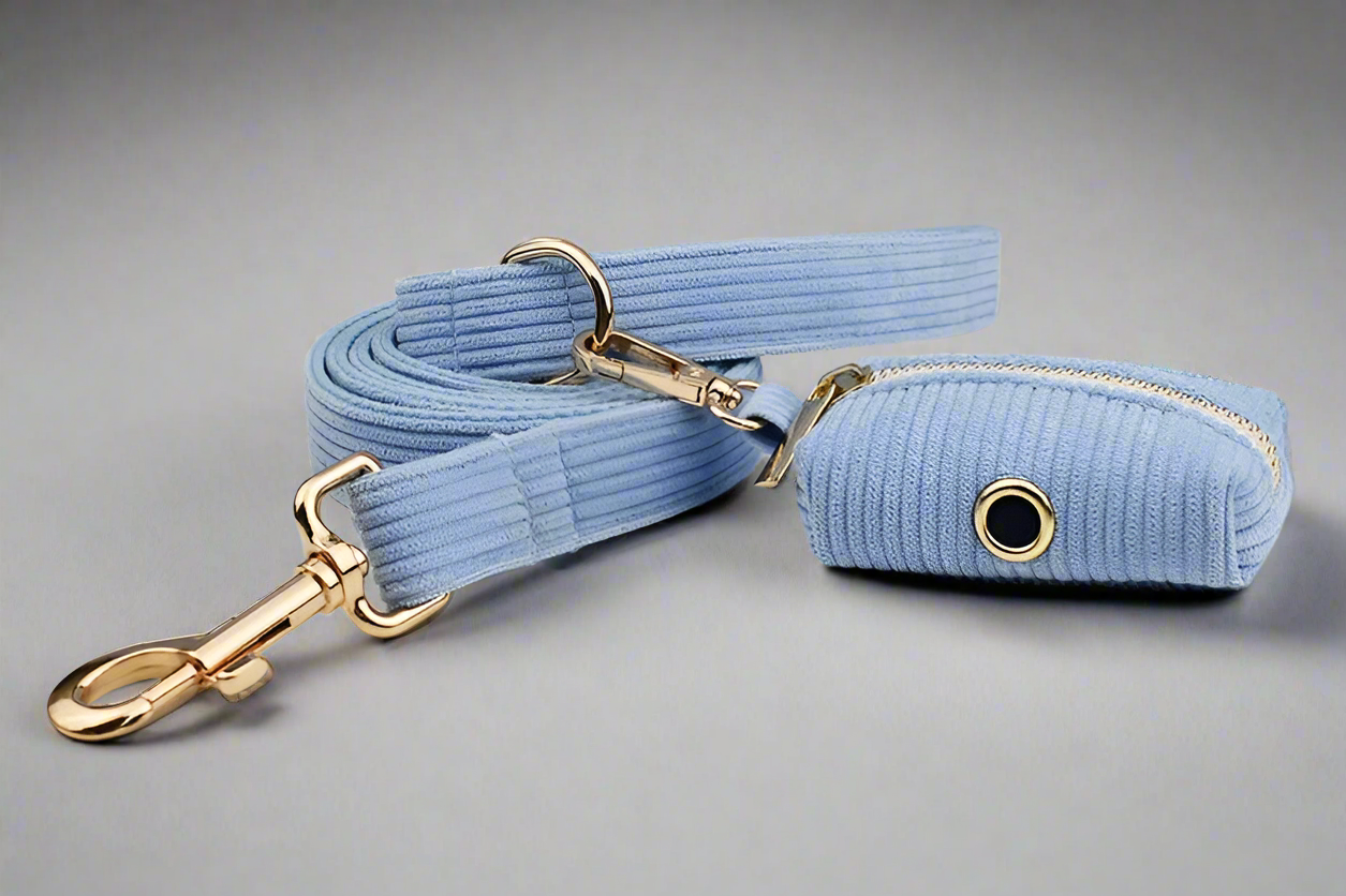 Personalised Blue Corduroy Dog Set – Choose Collar, Harness, Lead or Full Bundle