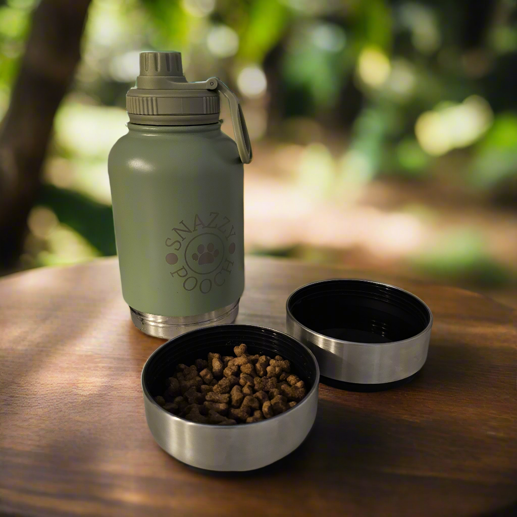 Snazzy Pooch 3-in-1 portable dog water bottle in sage green with detachable bowls for water and snacks.