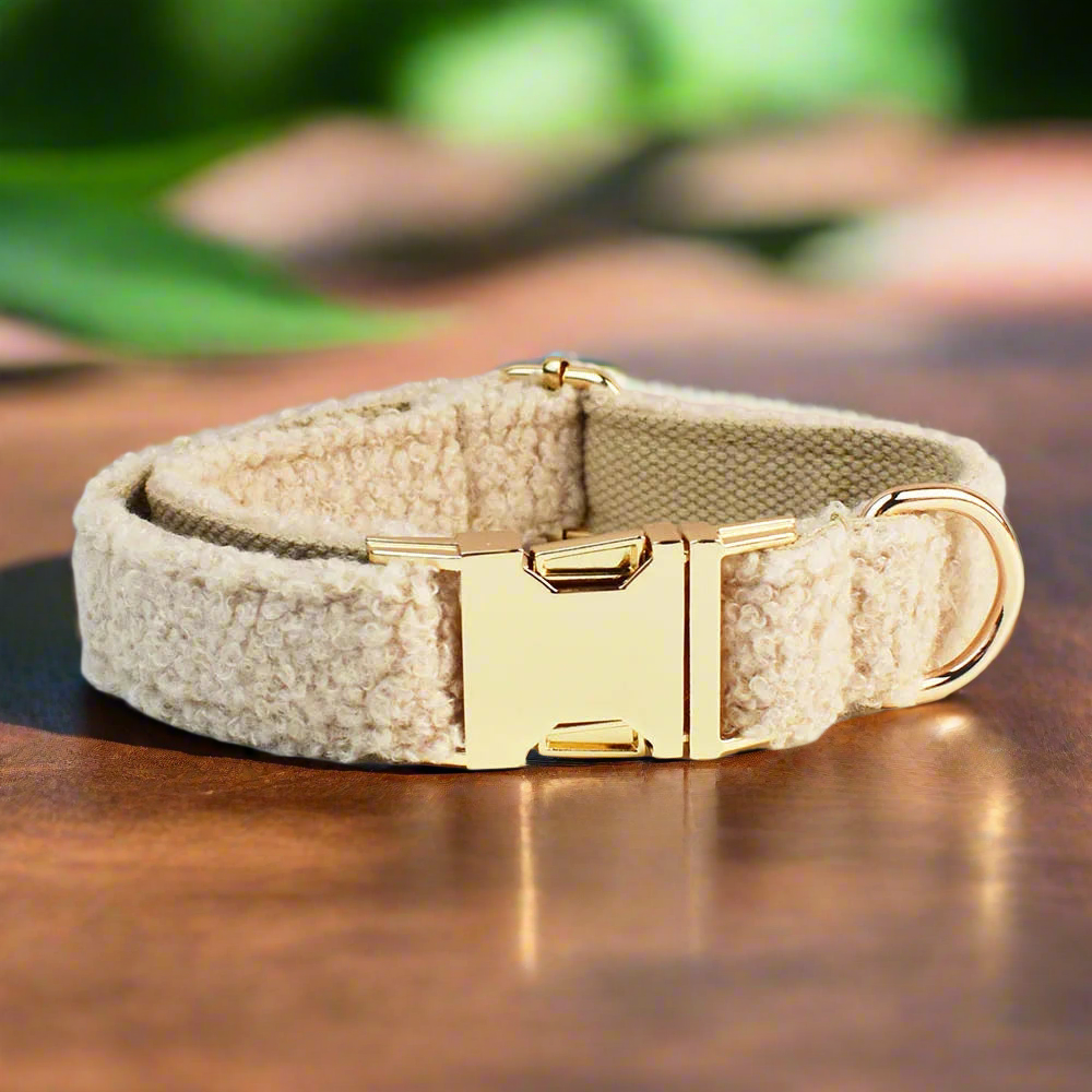 Teddy Fleece Personalised Dog Collar with quick release and gold buckle.