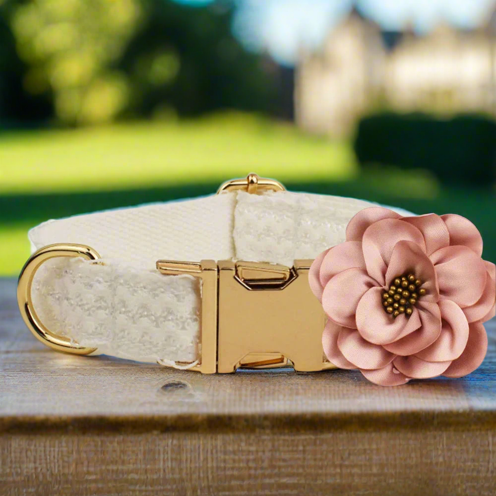 Collar de encaje blanco para perro personalizado con placa de identificación grabada, arnés para boda para mascotas, accesorios para perros, encaje de lujo 03