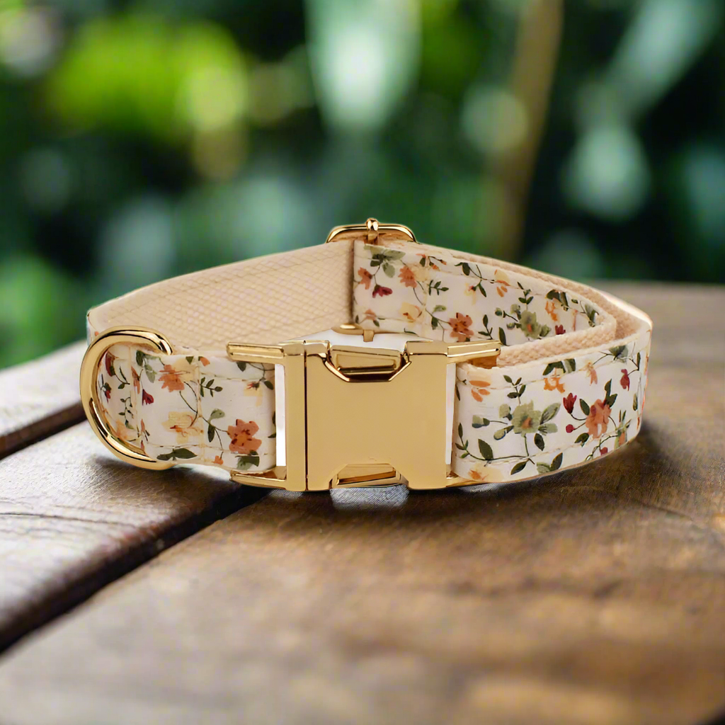 Luxury floral dog harness with quick release buckle, from Springtime Bloom Collection, customizable with pet's name.