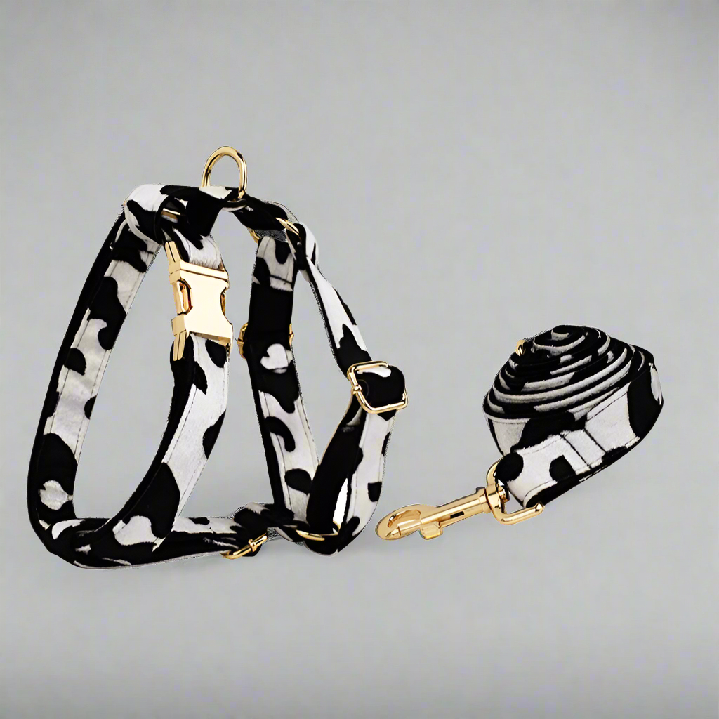 Gepersonaliseerd hondentuigje met koeienprint – halsband, riem, strik, poepzakje en meer