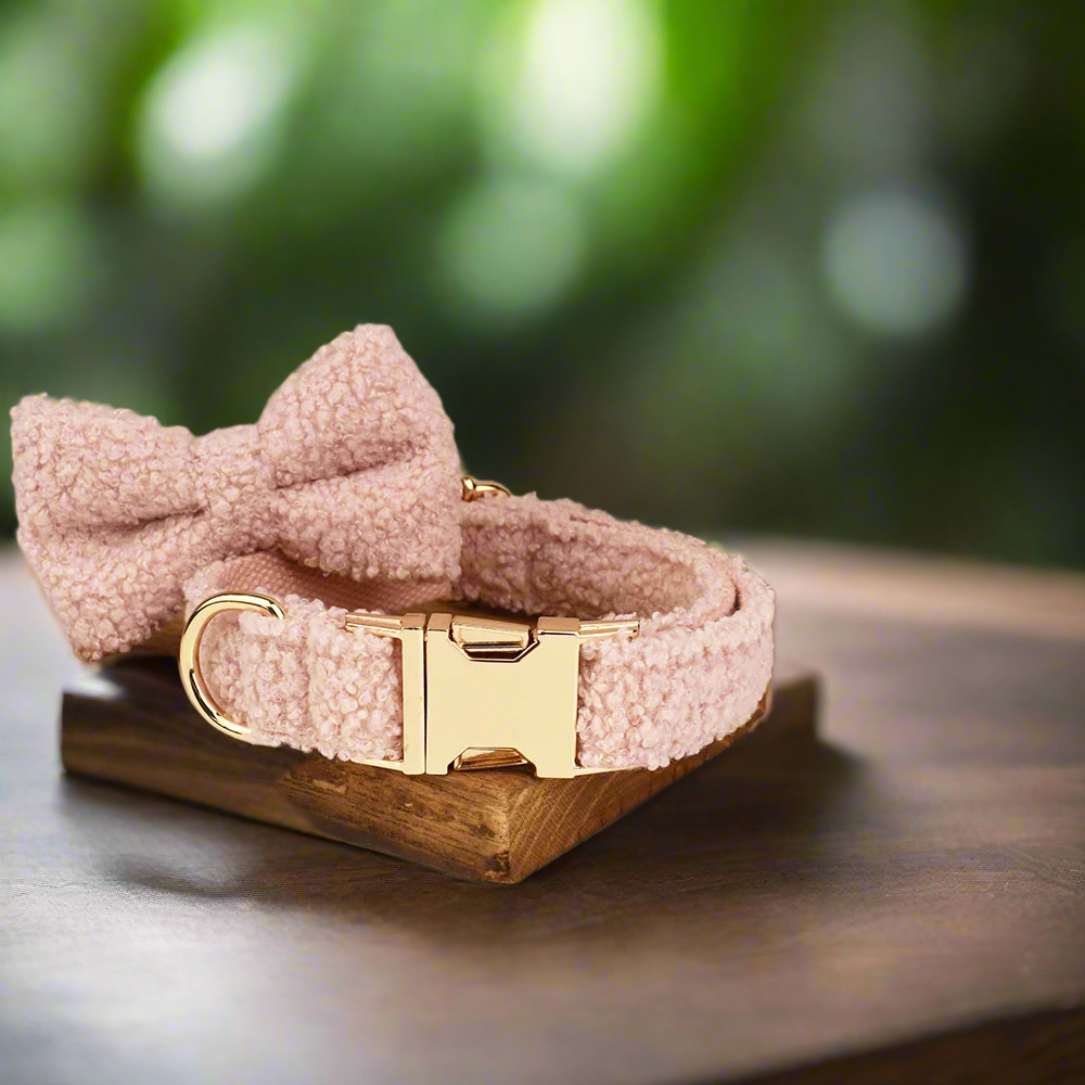 Teddy fleece personalised dog collar and lead set with detachable bow tie on wooden stand.
